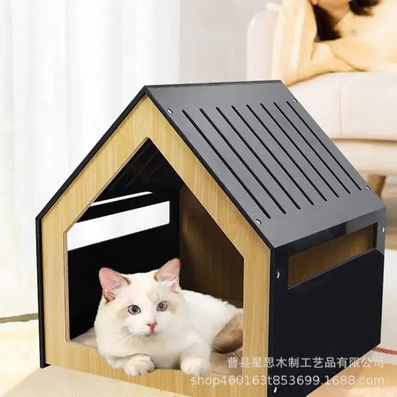 Modern Wooden Cat Nest with Glass Door - Simple Pet House